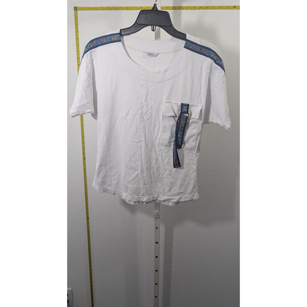 Ebba White Short Sleeve Pocket T-Shirt Floral Tapestry Trim Boho‎ Scoop Neck XL